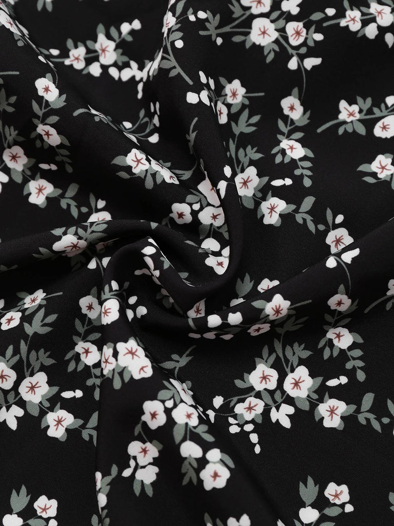 Schwarz 1940er V-Ausschnitt Puffärmel Kleine Blumen Kleid