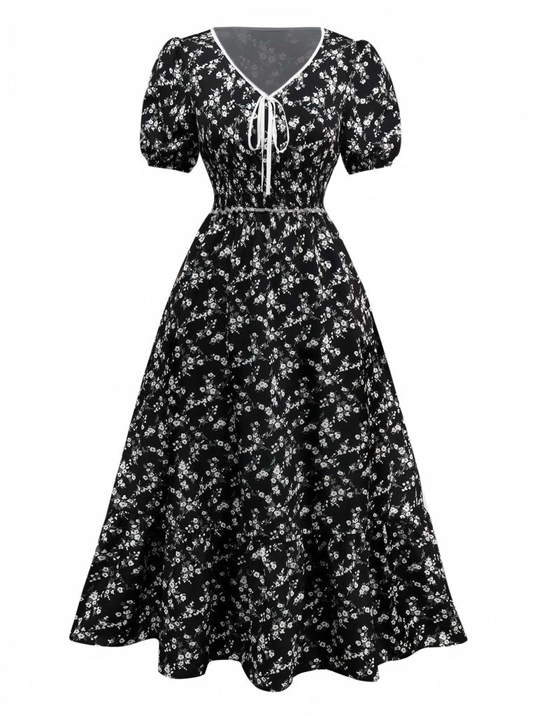 Schwarz 1940er V-Ausschnitt Puffärmel Kleine Blumen Kleid