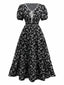 Schwarz 1940er V-Ausschnitt Puffärmel Kleine Blumen Kleid