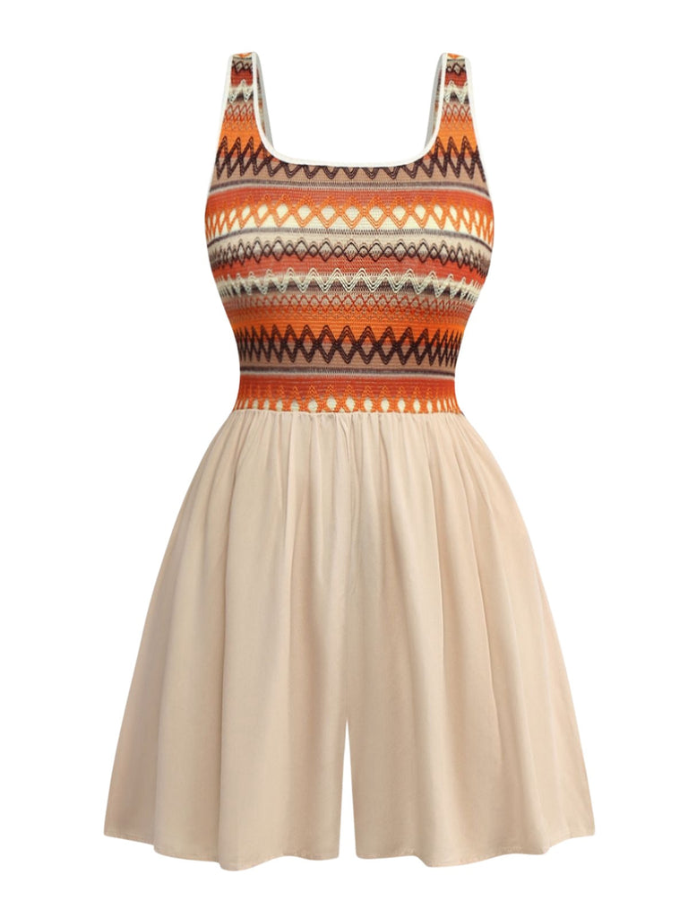 Aprikose 1970er Boho Quadratischer Hals Patchwork Romper