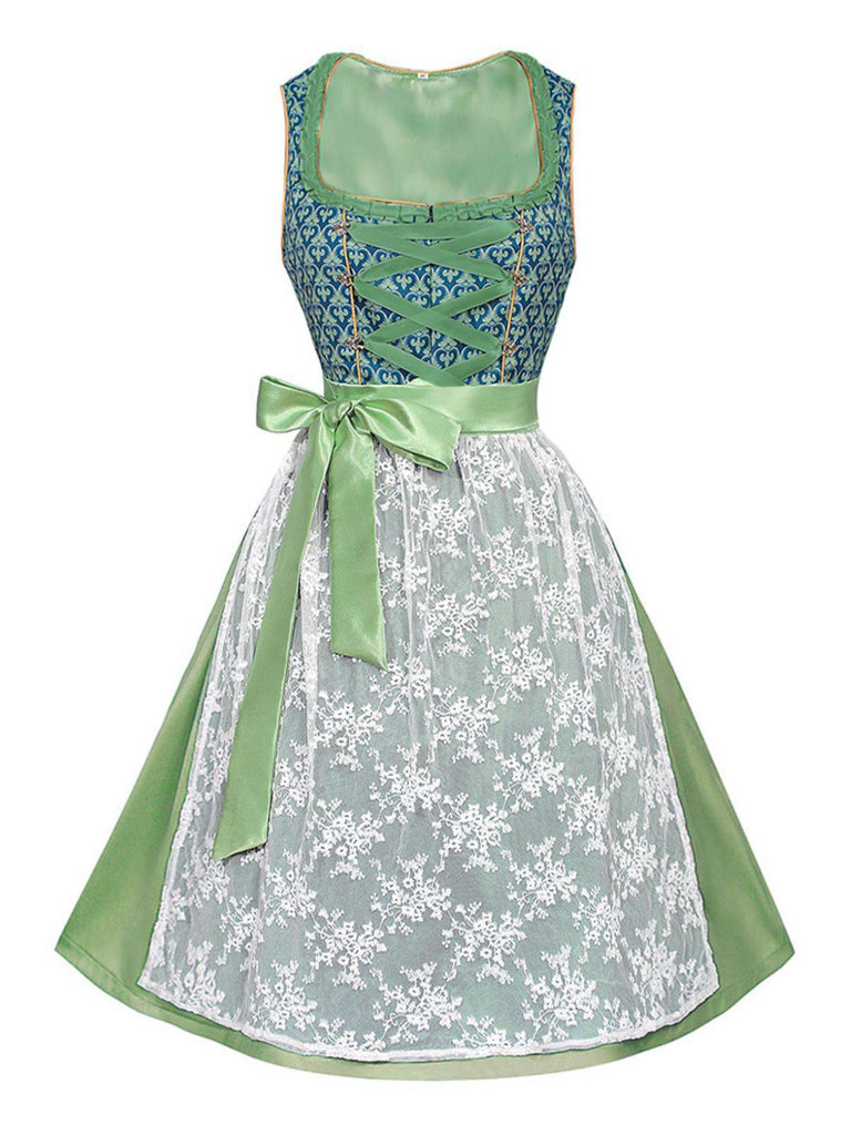 2PCS Grün 1950er Oktoberfest Dirndl Blumen Kleid & Stickerei Schürze