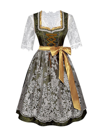 3PCS Grün 1950er Oktoberfest Spitze Top & Jacquard Schleife Kleid