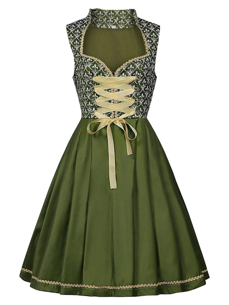 2PCS Grün 1950er Oktoberfest Schleife Blumen Kleid & Stickerei Schürze