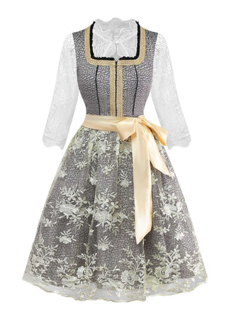 3PCS Gold 1950er Oktoberfest Dirndl Spitze Top & Blumen Kleid