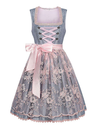 2PCS Blaugrau 1950er Oktoberfest Blumen Kleid & Stickerei Schürze