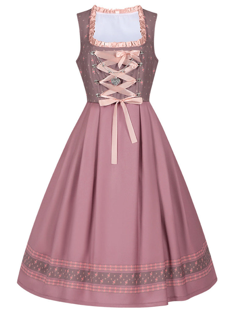 2PCS Nebelrose 1950er Oktoberfest Dirndl Blumen Satin Kleid & Schürze