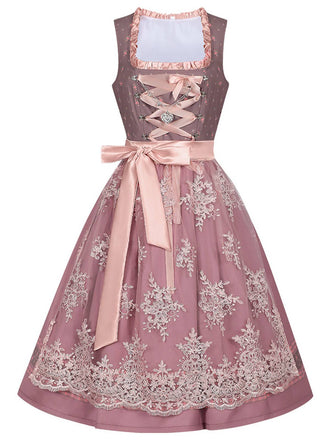 2PCS Nebelrose 1950er Oktoberfest Dirndl Blumen Satin Kleid & Schürze