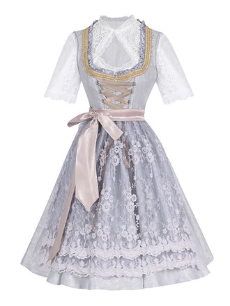 3PCS Hellgrau 1950er Oktoberfest Blumen Spitze Top & Schnürung Kleid