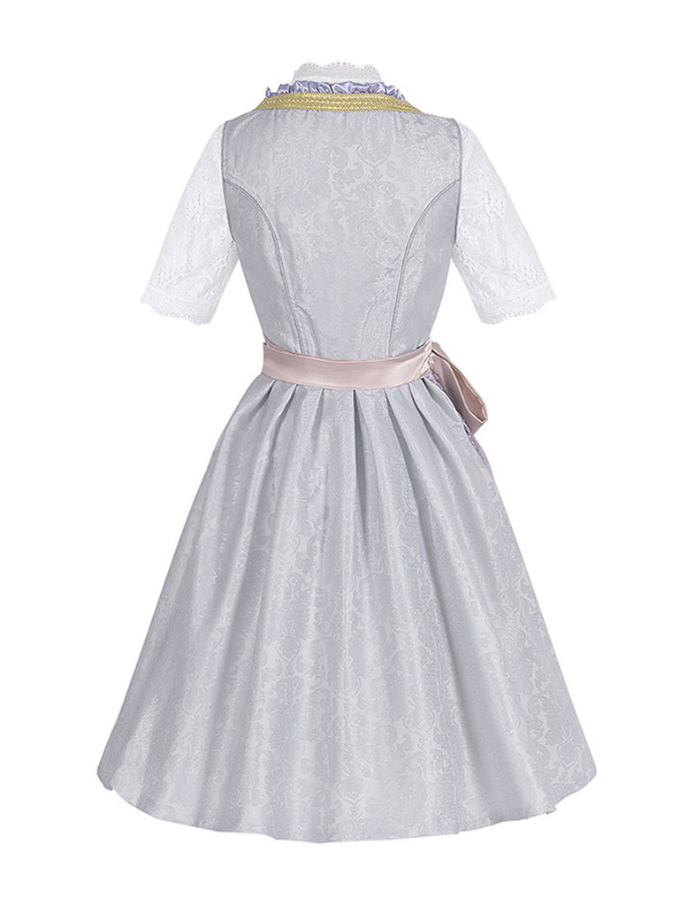 3PCS Hellgrau 1950er Oktoberfest Blumen Spitze Top & Schnürung Kleid