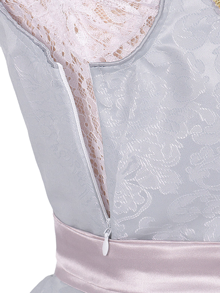 3PCS Hellgrau 1950er Oktoberfest Blumen Spitze Top & Schnürung Kleid