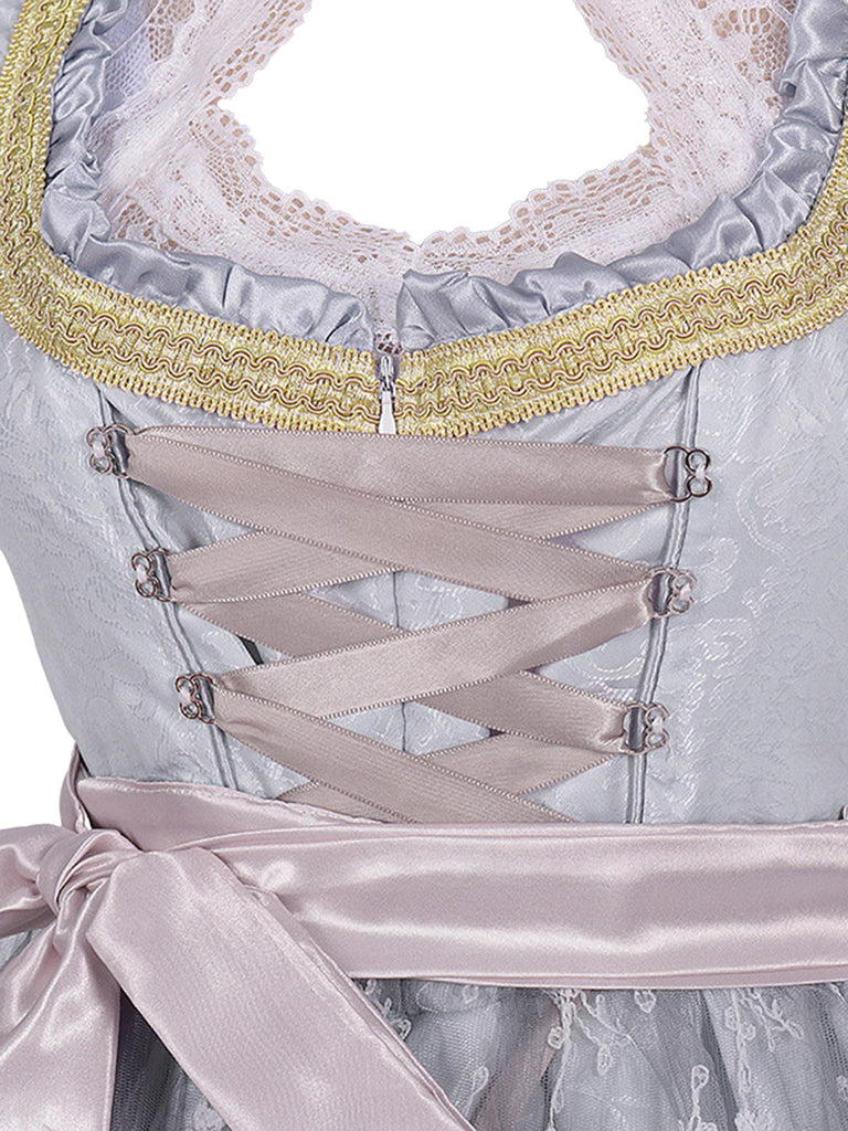 3PCS Hellgrau 1950er Oktoberfest Blumen Spitze Top & Schnürung Kleid