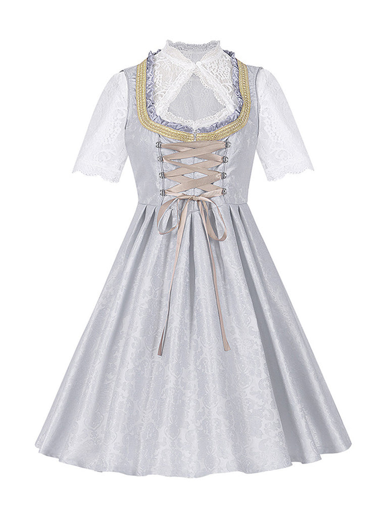 3PCS Hellgrau 1950er Oktoberfest Blumen Spitze Top & Schnürung Kleid