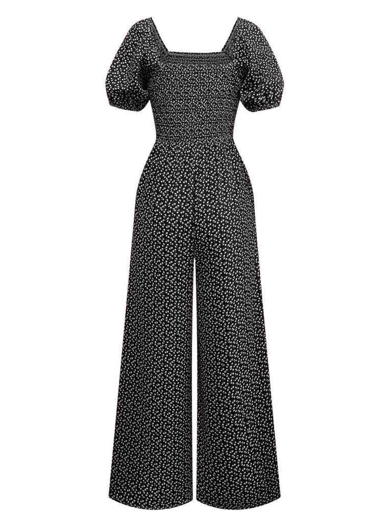 1950er Kleine Blumen Quadratischer Hals Puffärmel Jumpsuit
