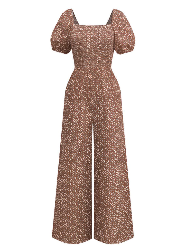 1950er Kleine Blumen Quadratischer Hals Puffärmel Jumpsuit