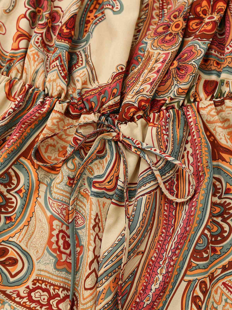 Mehrfarbig 1970er Bohemien Schulterfrei Romper