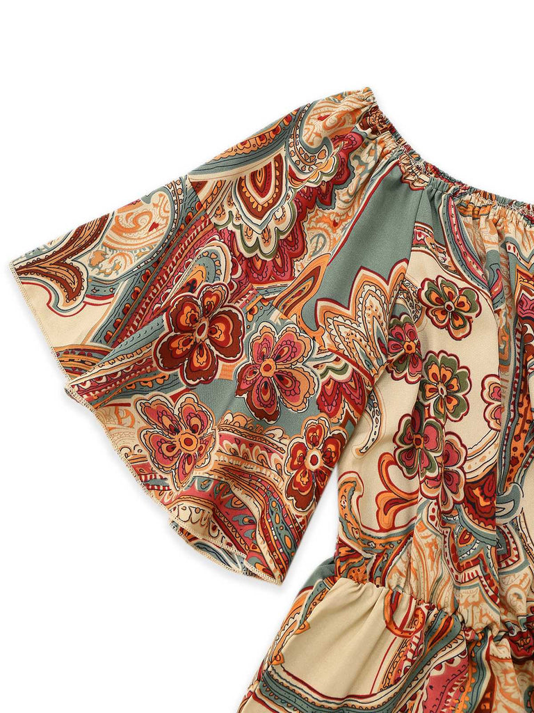 Mehrfarbig 1970er Bohemien Schulterfrei Romper