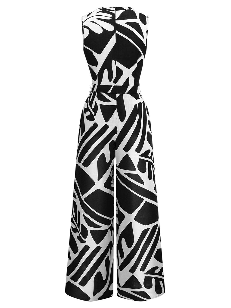 Schwarz & Weiß 1950er Pflanzen Silhouette Gürtel Jumpsuit
