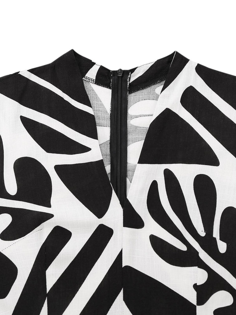 Schwarz & Weiß 1950er Pflanzen Silhouette Gürtel Jumpsuit