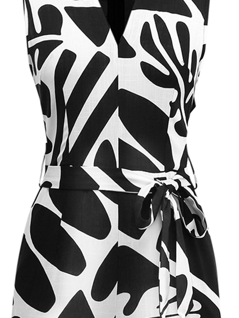 Schwarz & Weiß 1950er Pflanzen Silhouette Gürtel Jumpsuit