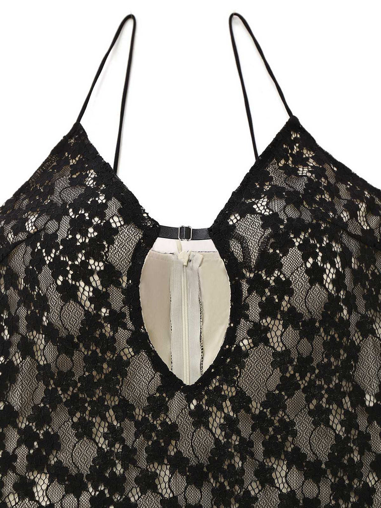 Schwarz 1960er Hohl Blumen Spitze Enges Kleid