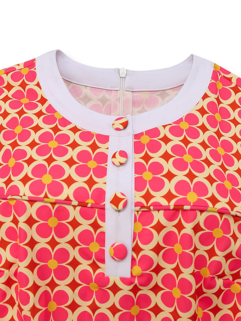 Orange 1960er Hippie Blumen Rundhals Kleid