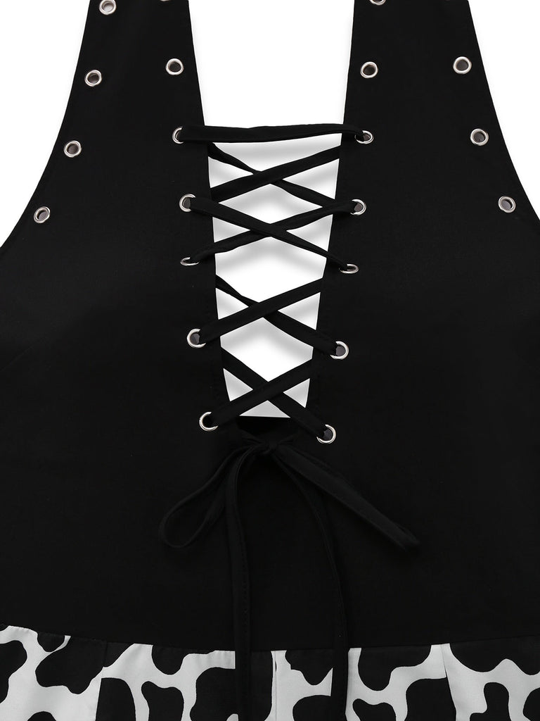 Schwarz 1980er Punk Halter Hohl Kuh-Muster Romper