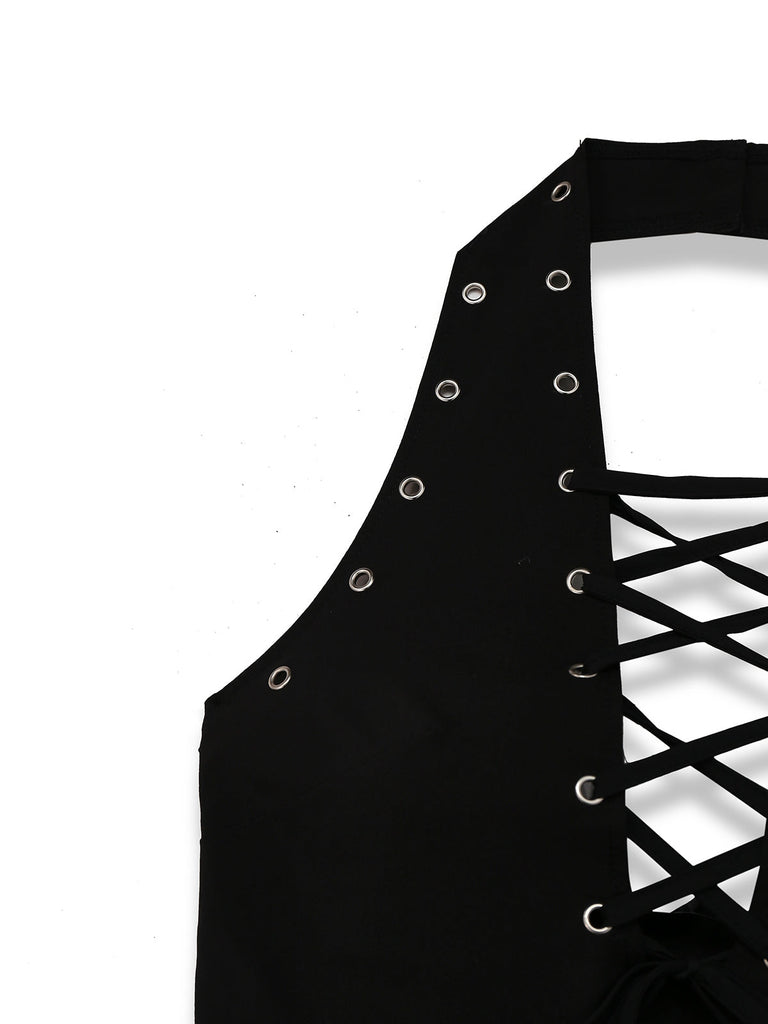 Schwarz 1980er Punk Halter Hohl Kuh-Muster Romper