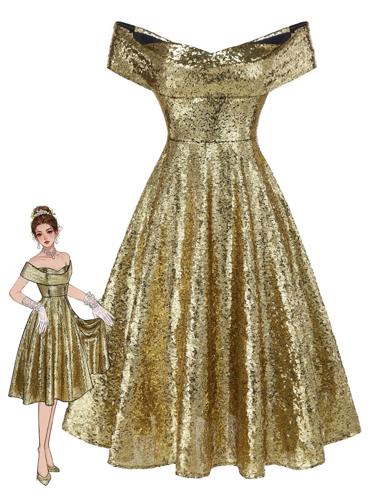 [Vorverkauf] Gold 1950er Schulterfrei Pailletten Swing Kleid
