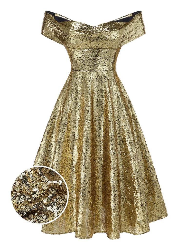 [Vorverkauf] Gold 1950er Schulterfrei Pailletten Swing Kleid