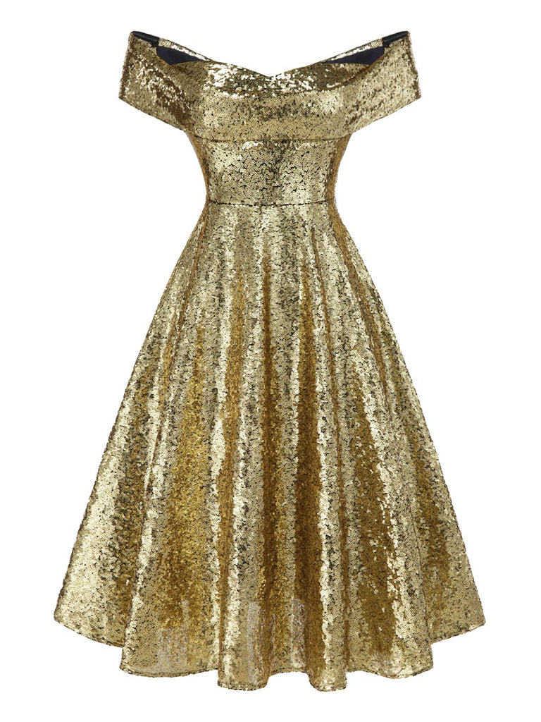 [Vorverkauf] Gold 1950er Schulterfrei Pailletten Swing Kleid