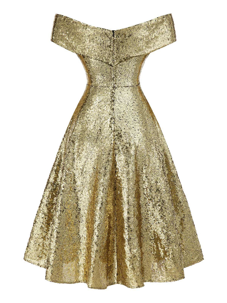 [Vorverkauf] Gold 1950er Schulterfrei Pailletten Swing Kleid