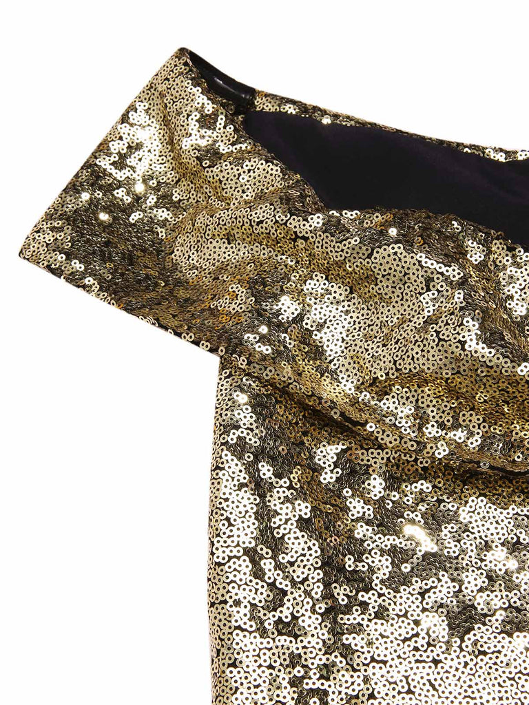 [Vorverkauf] Gold 1950er Schulterfrei Pailletten Swing Kleid