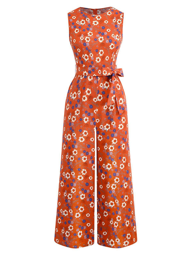 1950er Baumwolle Ärmellos Überall Blumen Gürtel Jumpsuit