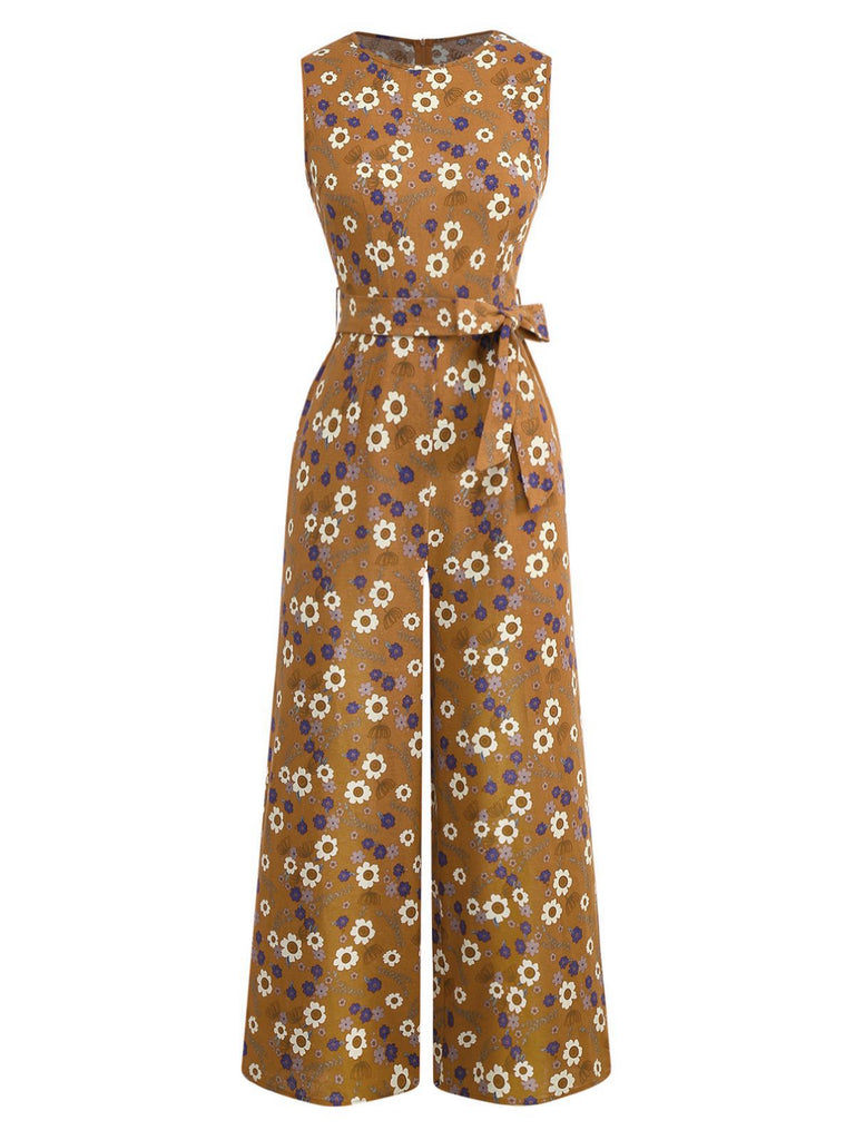 1950er Baumwolle Ärmellos Überall Blumen Gürtel Jumpsuit