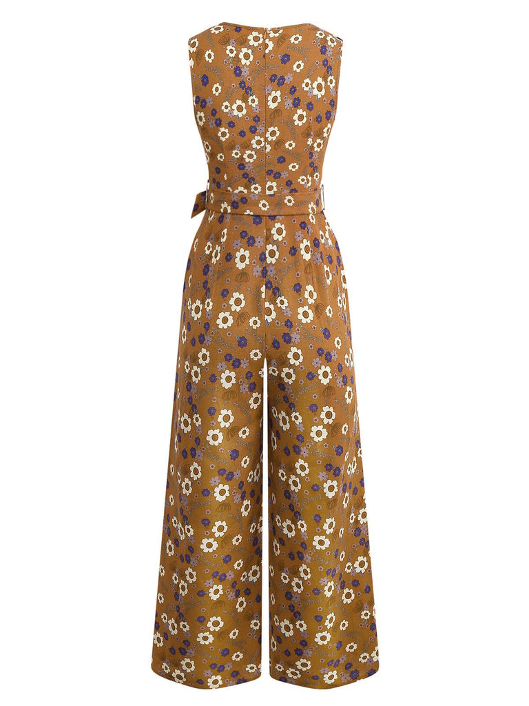 1950er Baumwolle Ärmellos Überall Blumen Gürtel Jumpsuit