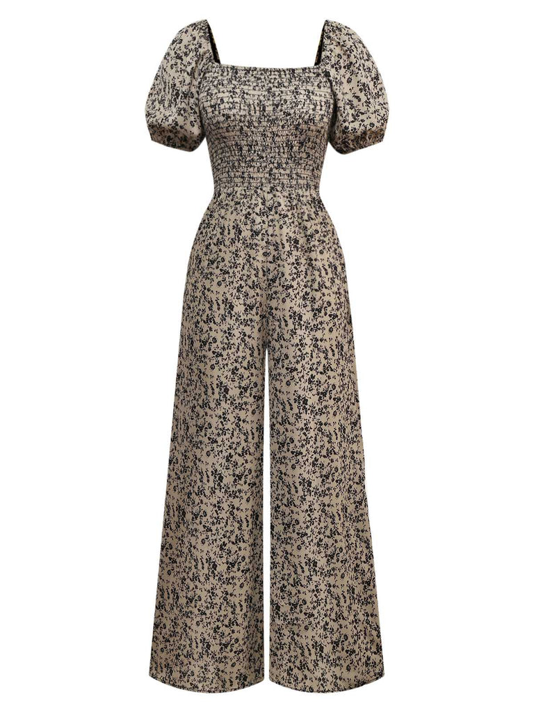 Braun 1930er Kleine Blumen Puffärmel Jumpsuit
