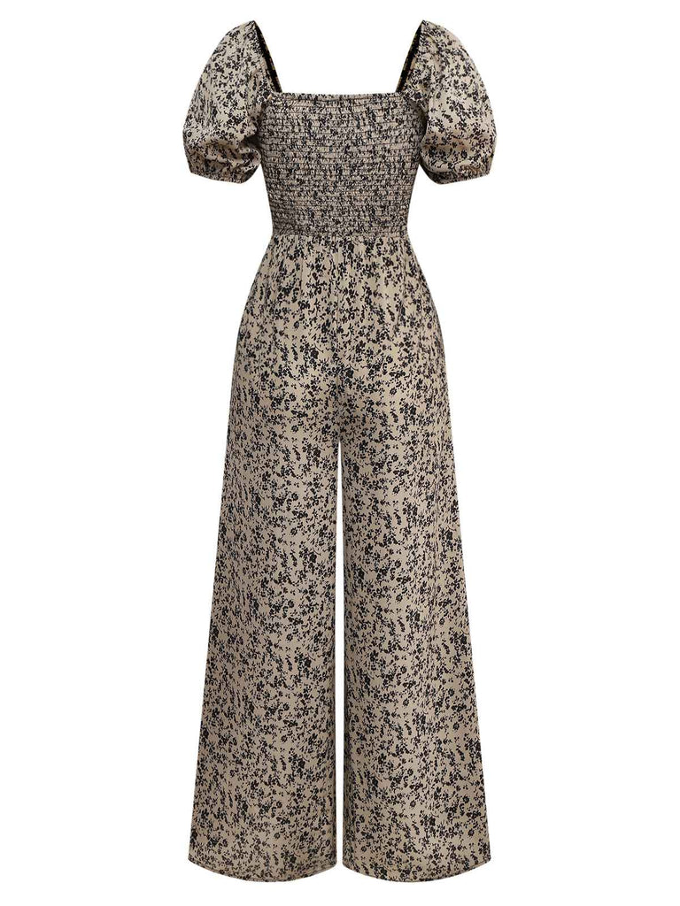 Braun 1930er Kleine Blumen Puffärmel Jumpsuit