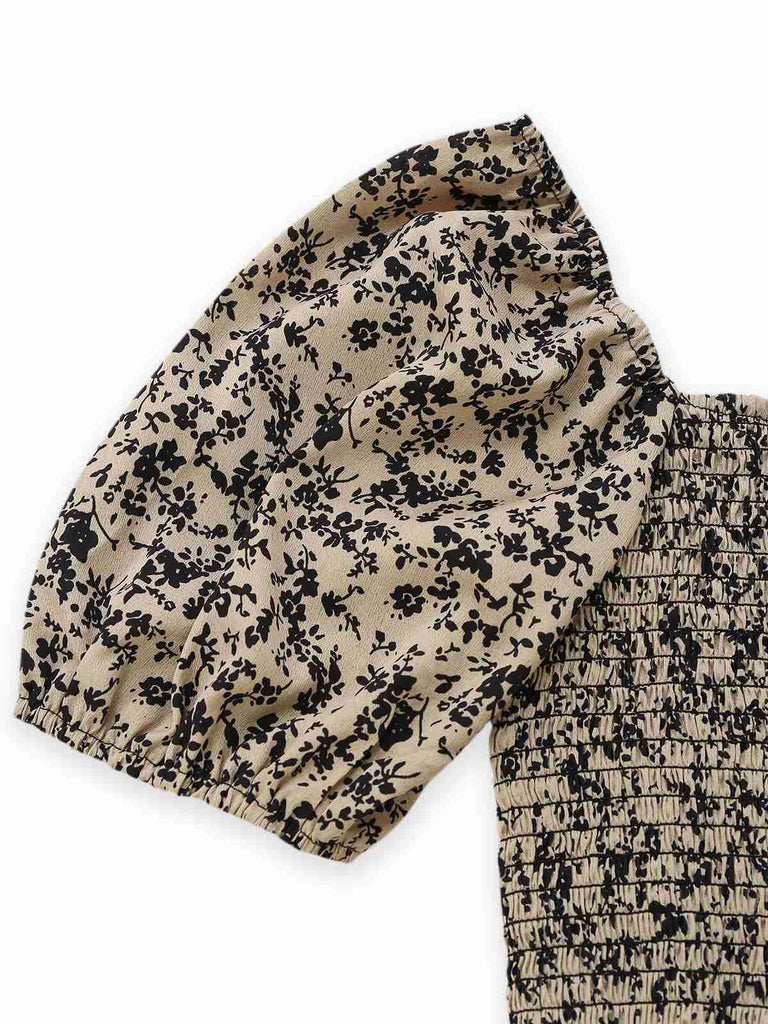 Braun 1930er Kleine Blumen Puffärmel Jumpsuit