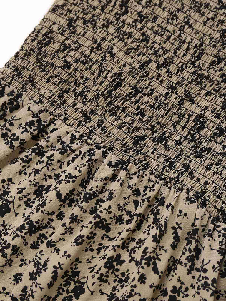 Braun 1930er Kleine Blumen Puffärmel Jumpsuit