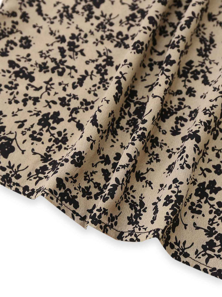 Braun 1930er Kleine Blumen Puffärmel Jumpsuit