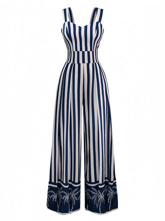 Blau 1930er Vertikale Streifen Palme Bäume Jumpsuit