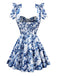 Blau 1960er Schulterkrawatte Blumen Skater Kleid