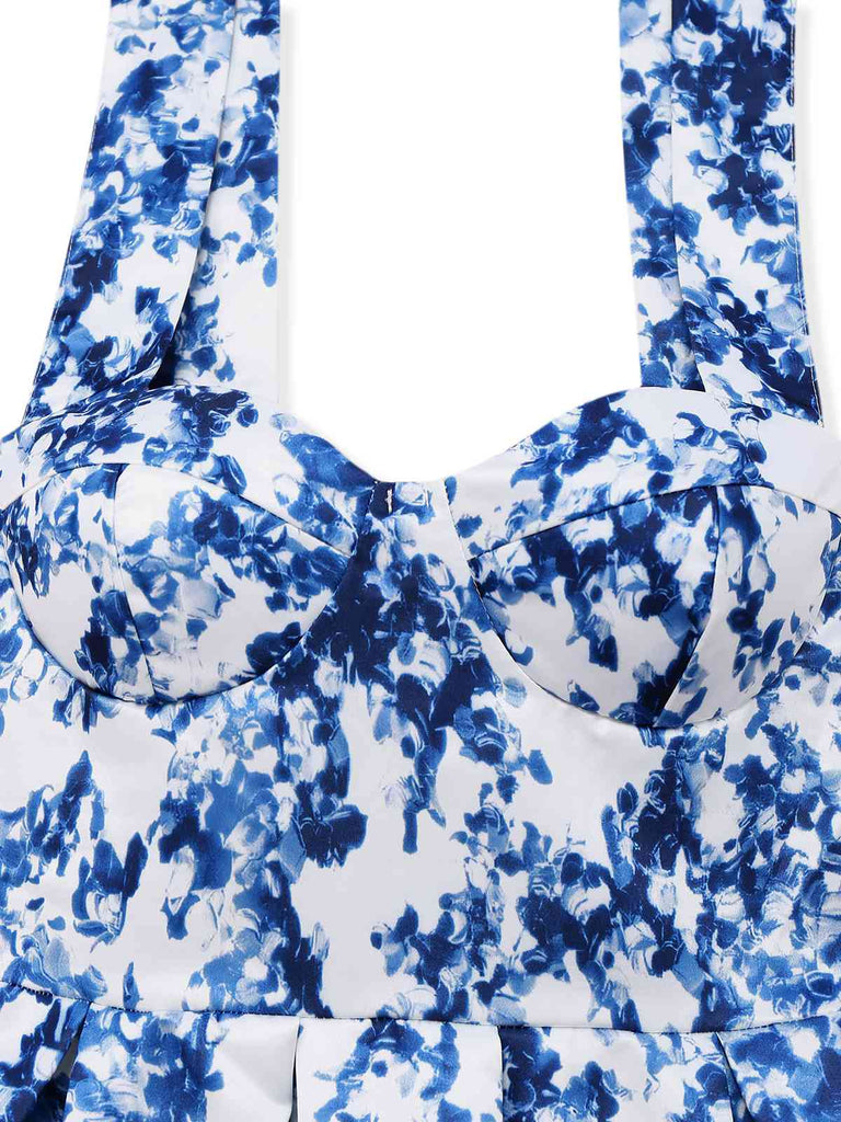 Blau 1960er Schulterkrawatte Blumen Skater Kleid