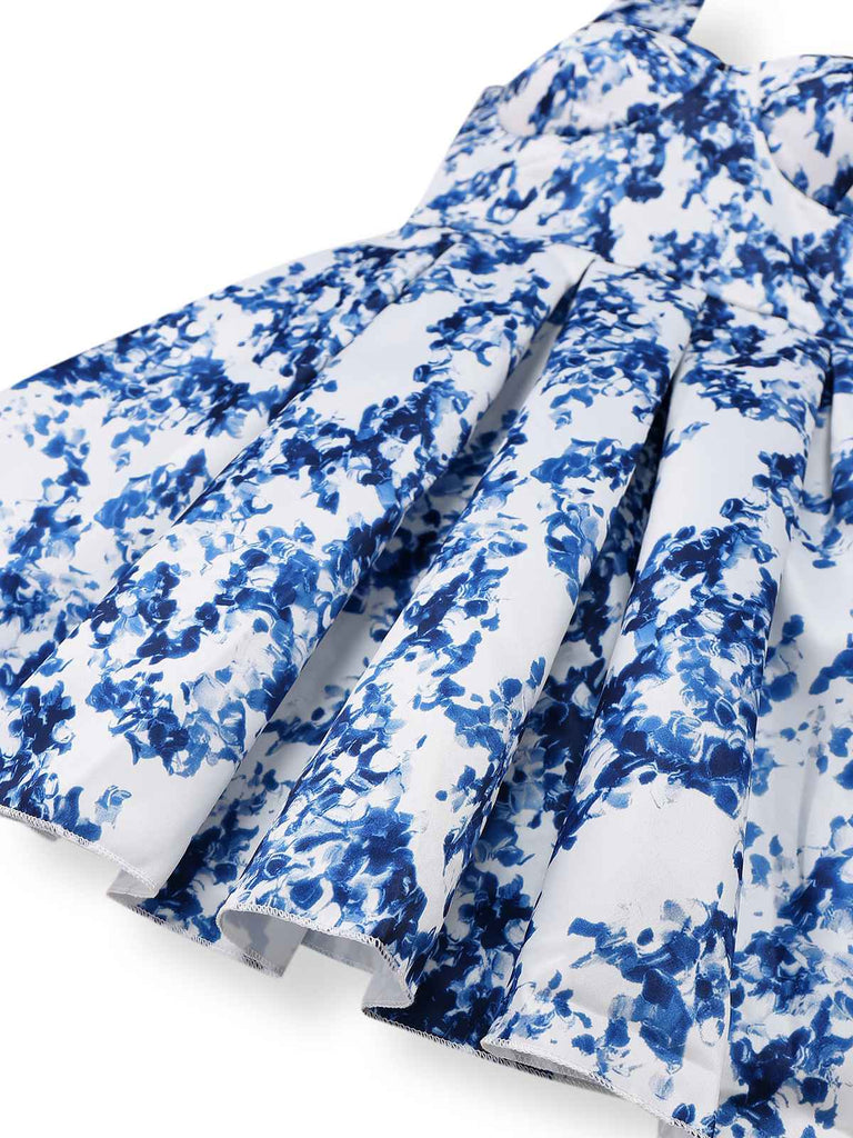 Blau 1960er Schulterkrawatte Blumen Skater Kleid