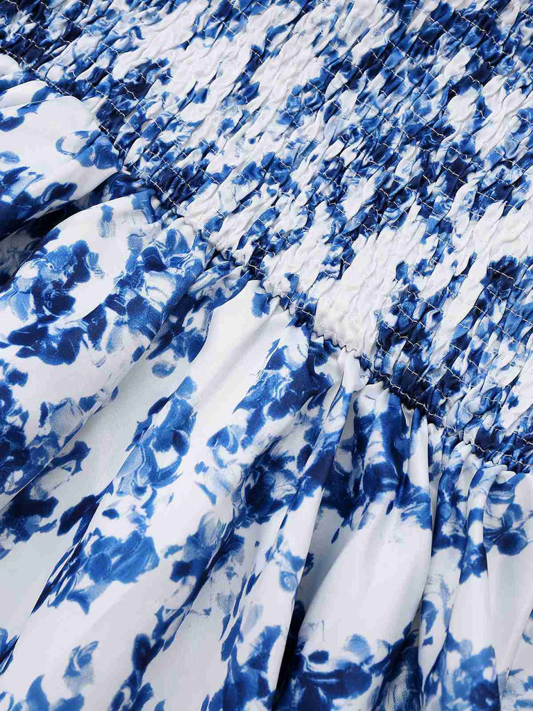 Blau 1960er Schulterkrawatte Blumen Skater Kleid