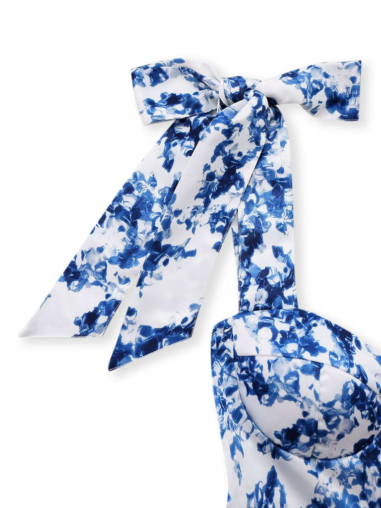 Blau 1960er Schulterkrawatte Blumen Skater Kleid