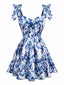 Blau 1960er Schulterkrawatte Blumen Skater Kleid
