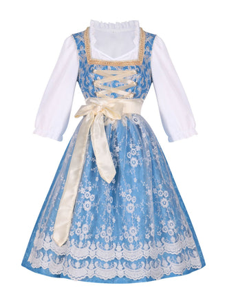 3PCS Blau 1950er Oktoberfest Blumen Rüschen Top & Schnürung Kleid