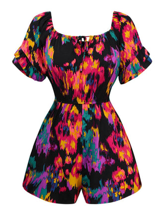 Multicolor 1960er Abstrakt Farben Rüschen Schulterfrei Romper