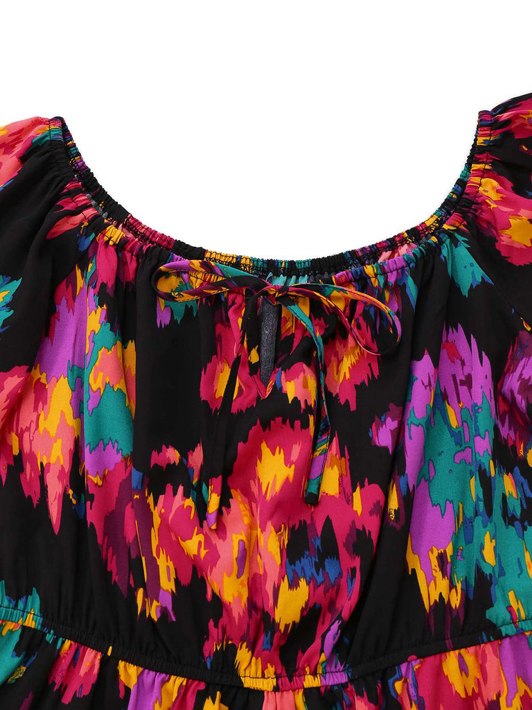 Multicolor 1960er Abstrakt Farben Rüschen Schulterfrei Romper